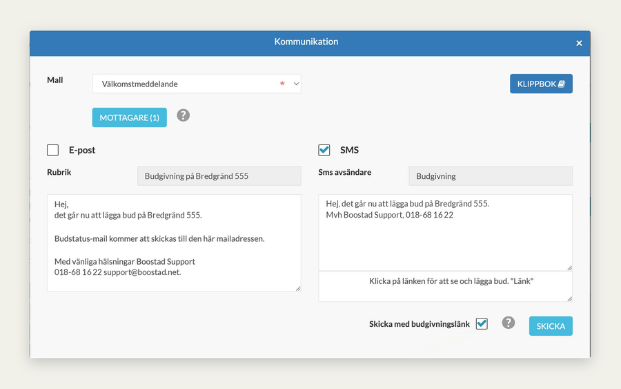 Rutan Kommunikation i mäklarsystemet med mallen Välkomstmeddelande. Sms och Skicka med budgivningslänk är markerade.