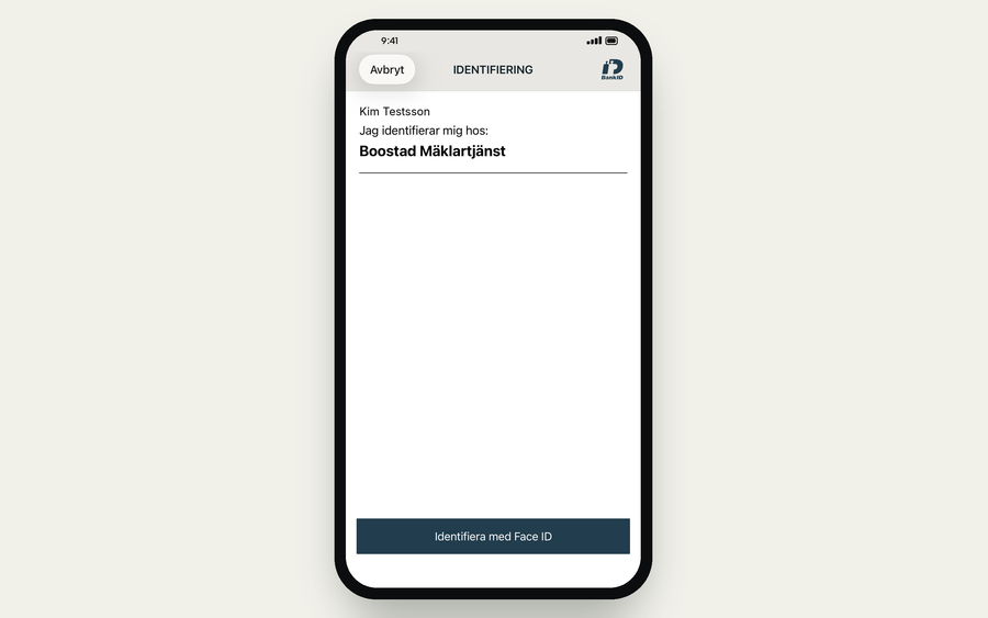 BankID-appen i budgivarens mobil: identifiering hos Boostad Mäklartjänst med knappen Identifiera med Face ID.
