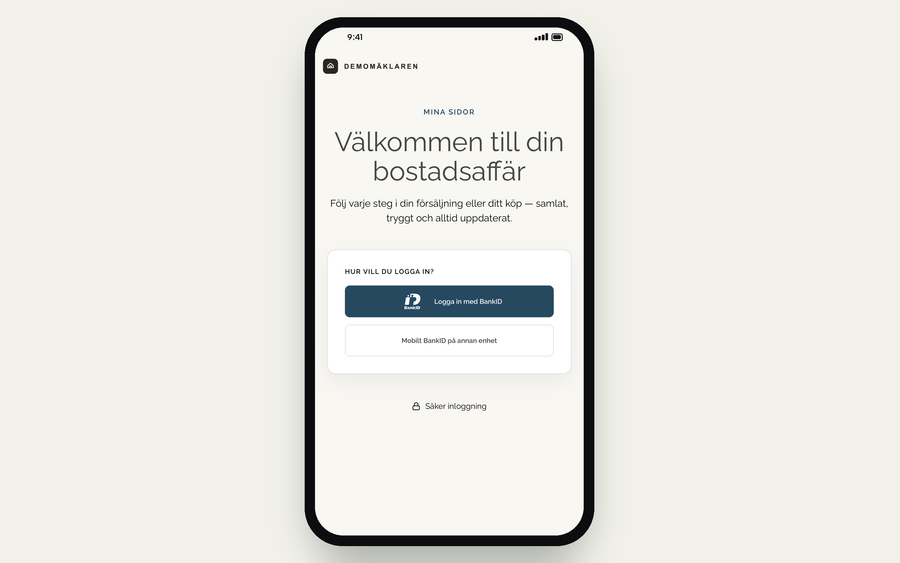 Inloggningen till Mina sidor i budgivarens mobil, Välkommen till din bostadsaffär, med knapparna Logga in med BankID och Mobilt BankID på annan enhet.