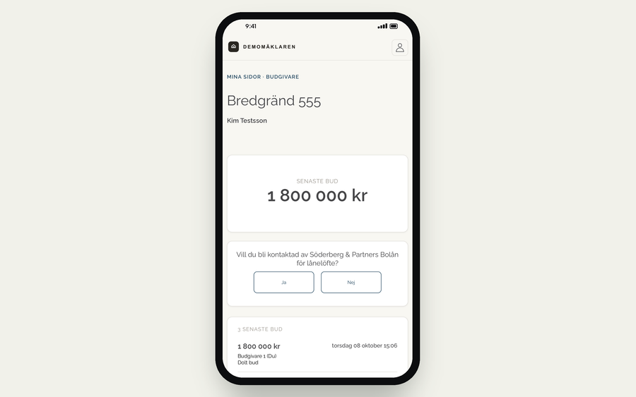 Budgivningen i budgivarens mobil med frågan Vill du bli kontaktad av Söderberg & Partners Bolån för lånelöfte? och knapparna Ja och Nej.