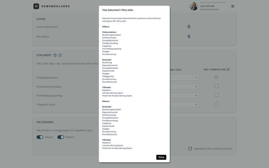 Adminportalen med rutan Visa dokument i Mina sidor öppen: filnamn som publiceras automatiskt, sorterade per steg för säljaren (Förberedelser, Kontrakt, Tillträde) och köparen (Kontrakt, Tillträde).
