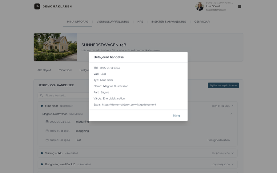 Rutan Detaljerad händelse ovanpå fliken Kommunikation: tid, vad som hände, typ, namn, part, värde och en länk.