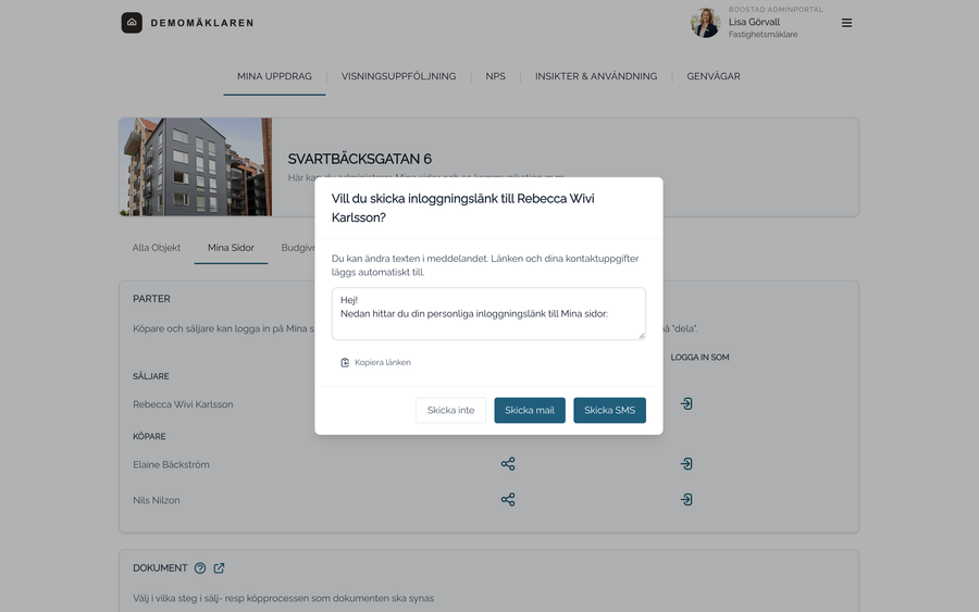 Dialogen Vill du skicka inloggningslänk till säljaren i adminportalen, med meddelandet, Kopiera länken och knapparna Skicka inte, Skicka mail och Skicka SMS.