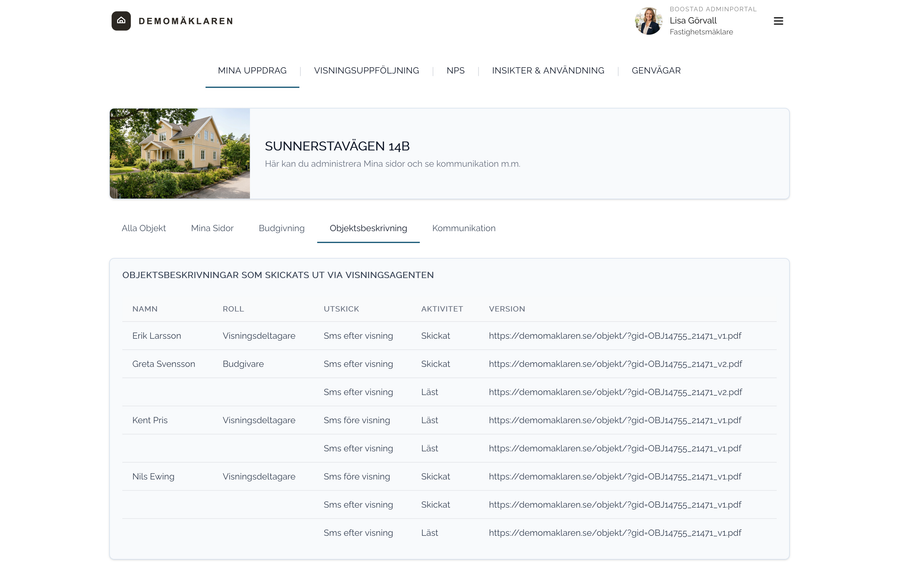 Fliken Objektsbeskrivning på ett objekt i adminportalen: per mottagare namn, roll, utskick, aktivitet (skickat eller läst) och vilken version av objektsbeskrivningen som skickades.
