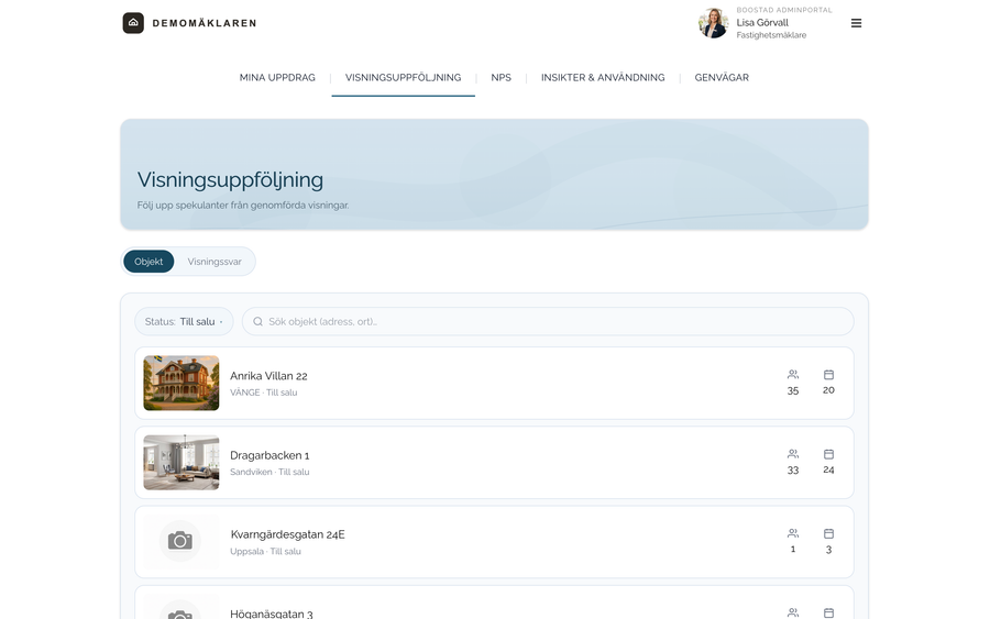 Fliken Visningsuppföljning i adminportalen med en lista över objekten och antal personer och visningar för varje objekt.