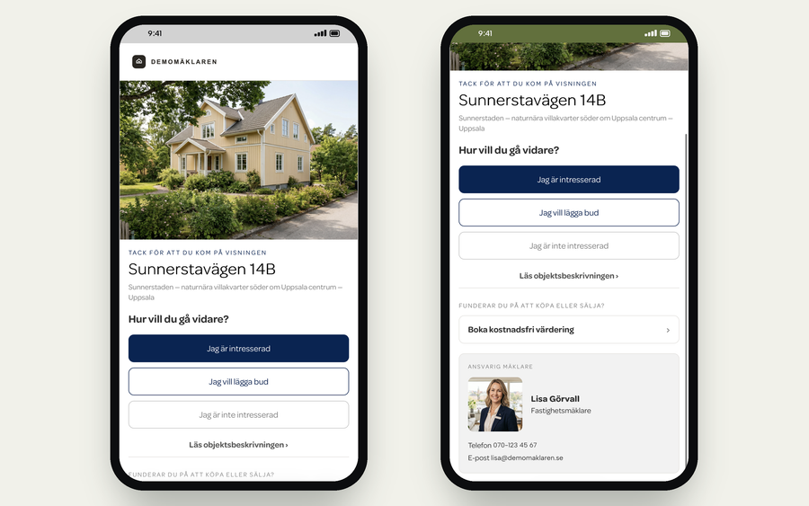 Svarssidan Tack för att du kom på visningen i besökarens mobil, överst och nedskrollad: knapparna Jag är intresserad, Jag vill lägga bud och Jag är inte intresserad, länken till objektsbeskrivningen, kostnadsfri värdering och ansvarig mäklare.