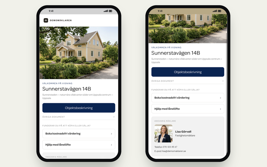 Sidan Välkommen på visning i besökarens mobil, överst och nedskrollad: knappen Objektsbeskrivning, övriga dokument, kostnadsfri värdering, hjälp med lånelöfte och ansvarig mäklare.
