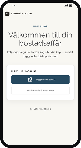 Inloggningen i budgivarens mobil: Välkommen till din bostadsaffär, med knapparna Logga in med BankID och Mobilt BankID på annan enhet.
