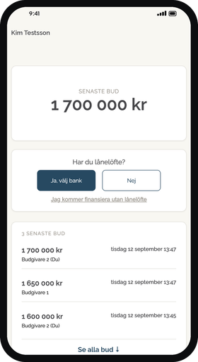 Budgivningen i budgivarens mobil med senaste budet, frågan Har du lånelöfte? och listan med de senaste buden.