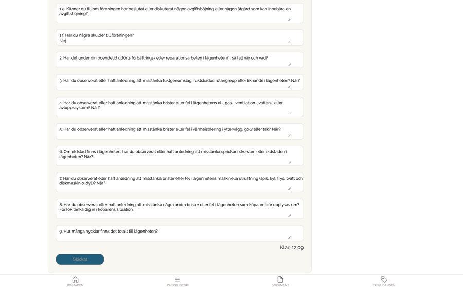 Slutet av ett inskickat formulär i Mina sidor. Fälten är låsta, kryssrutan är borta och knappen Skickat går inte att trycka på.