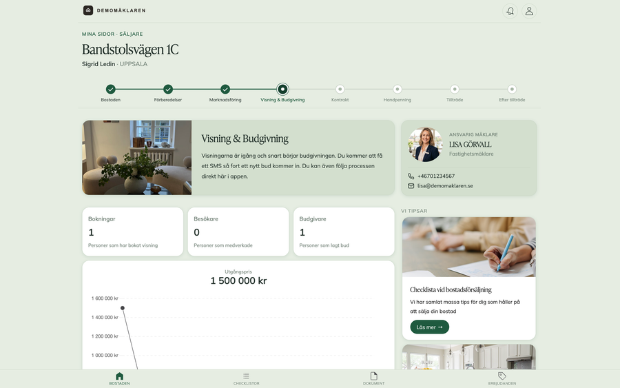 Mina sidor för en säljare hos ett mäklarföretag med grön grafisk profil: grön bakgrund, gröna färgmarkeringar och ett serifftypsnitt i rubrikerna.