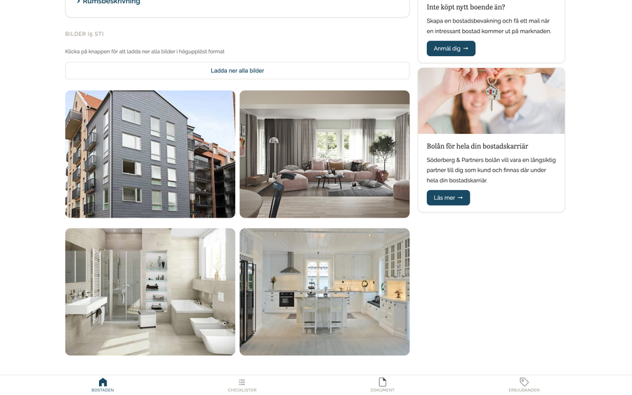 Steget Bostaden i Mina sidor nedscrollat till bilderna: knappen Ladda ner alla bilder och bostadens bilder i ett rutnät.