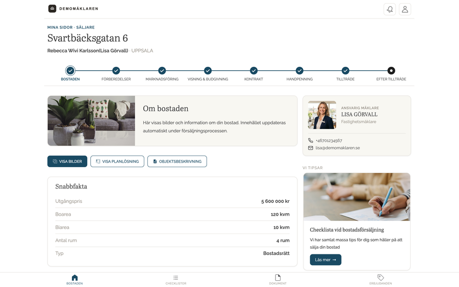 Mina sidor för säljaren, steget Bostaden, med stegen i bostadsprocessen som en rad överst, snabbfakta om bostaden och knapparna Visa bilder, Visa planlösning och Objektsbeskrivning.