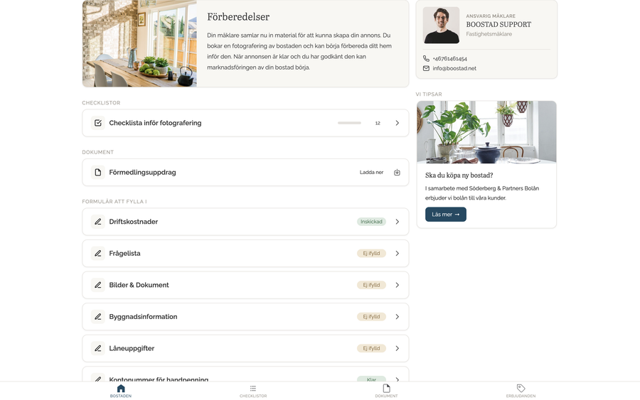 Steget Förberedelser längre ner på sidan: checklistan, dokumentet Förmedlingsuppdrag och formulären Driftskostnader, Frågelista, Bilder och dokument, Byggnadsinformation, Låneuppgifter och Kontonummer för handpenning.