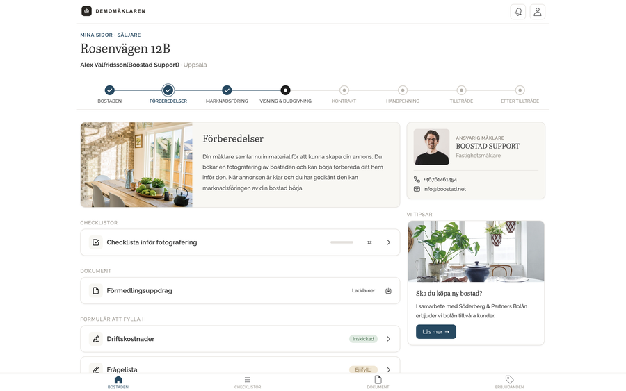 Mina sidor för säljaren, steget Förberedelser: en checklista inför fotografering, dokumentet Förmedlingsuppdrag och formulären Driftskostnader och Frågelista.