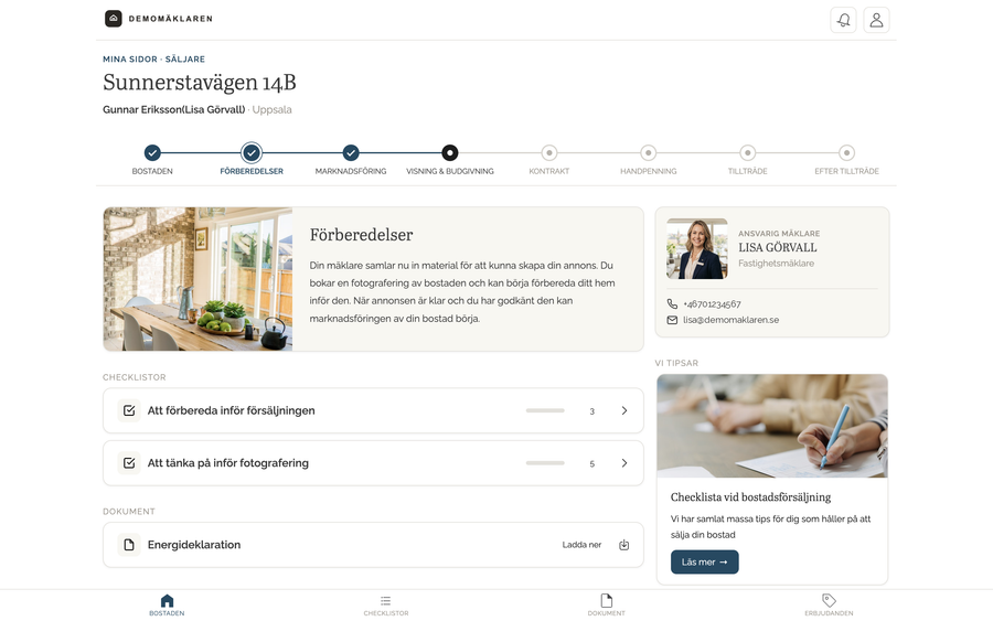 Mina sidor för säljaren, steget Förberedelser: två checklistor och dokumentet Energideklaration.
