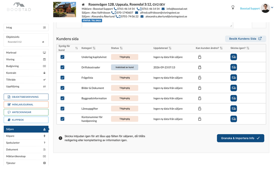 Kundens sida under fliken Säljare i mäklarsystemet: en lista med formulär, en kryssruta per formulär för synlighet, kolumnen Kan kunden ändra? med hänglås, status för inskickade formulär och knappen Granska och importera info.