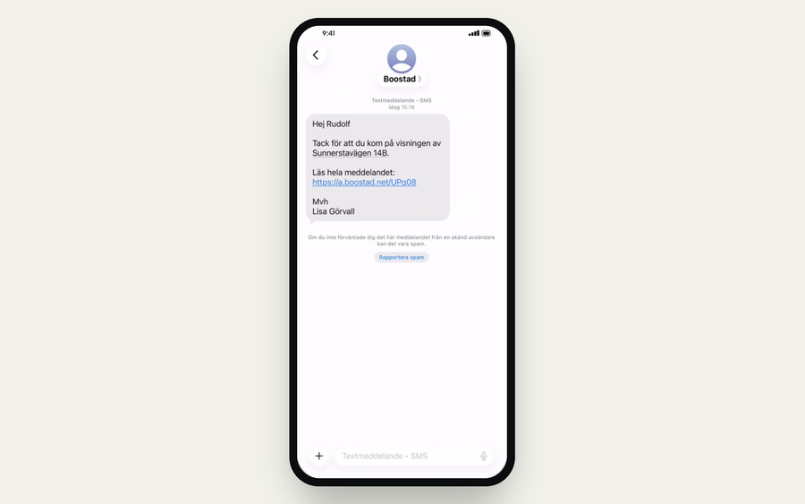 Ett sms till besökaren efter visningen, med en länk till sidan där hen svarar hur intresserad hen är av objektet.
