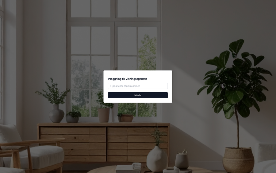 Inloggningen till Visningsagenten med fältet för mobilnummer eller mejladress och knappen Nästa.