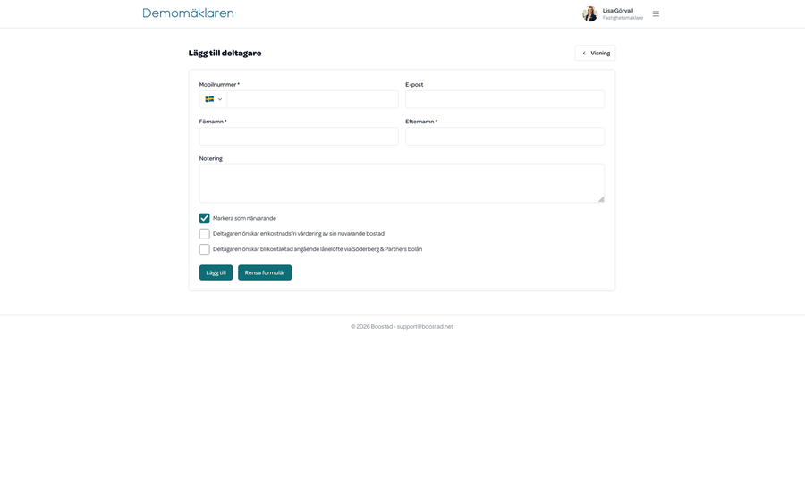 Formuläret Lägg till deltagare med fälten för mobilnummer, e-post, förnamn, efternamn och notering, kryssrutorna för närvaro, värdering och lånelöfte, och knapparna Lägg till och Rensa formulär.