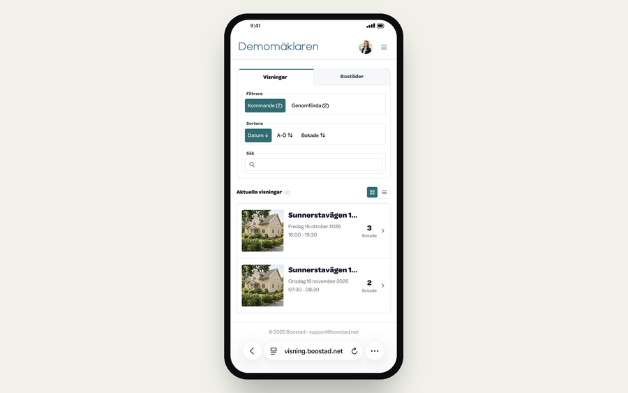 Visningsagenten i Safari på en iPhone: listan Visningar med två kommande visningar, och Safaris knapp med tre punkter nere till höger.