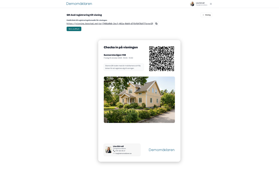QR-kod registrering till visning: den publika länken till registreringsformuläret, knappen Skriv ut affisch och affischen Checka in på visningen med QR-kod, bild på objektet och mäklarens kontaktuppgifter.