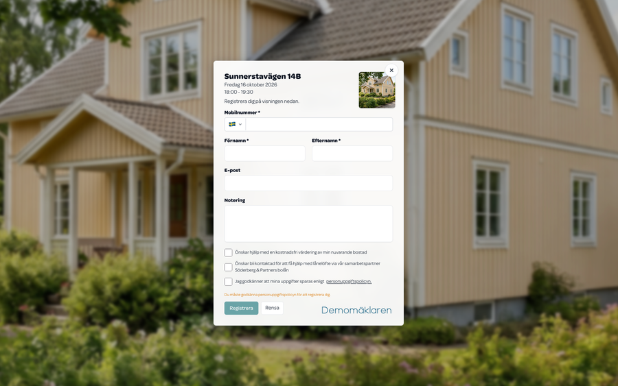 Självregistreringen på en surfplatta: formuläret där besökaren fyller i sina uppgifter, och krysset som avslutar självregistreringen.